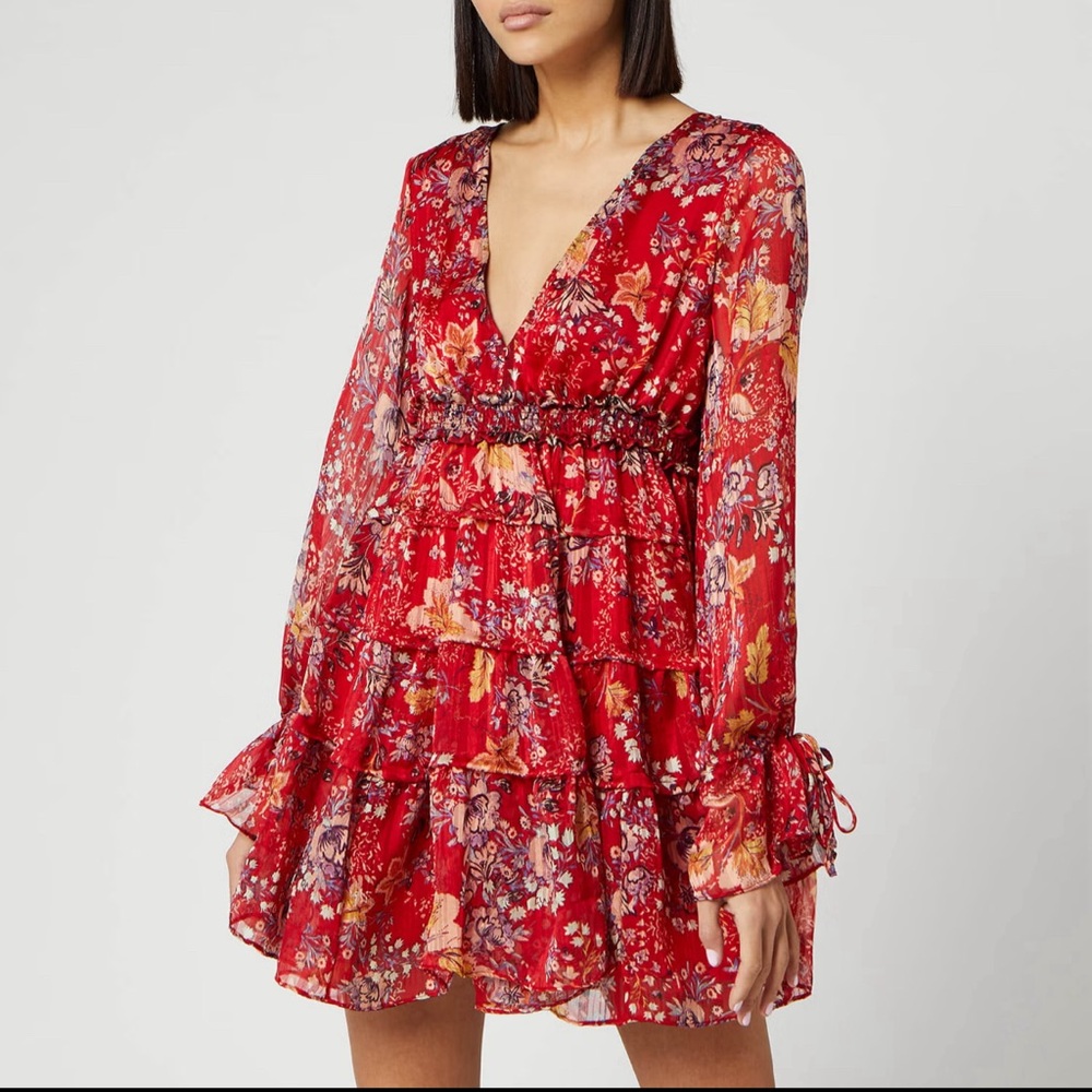 Free People Closer To The Heart Floral Red Tiered Mini Dress